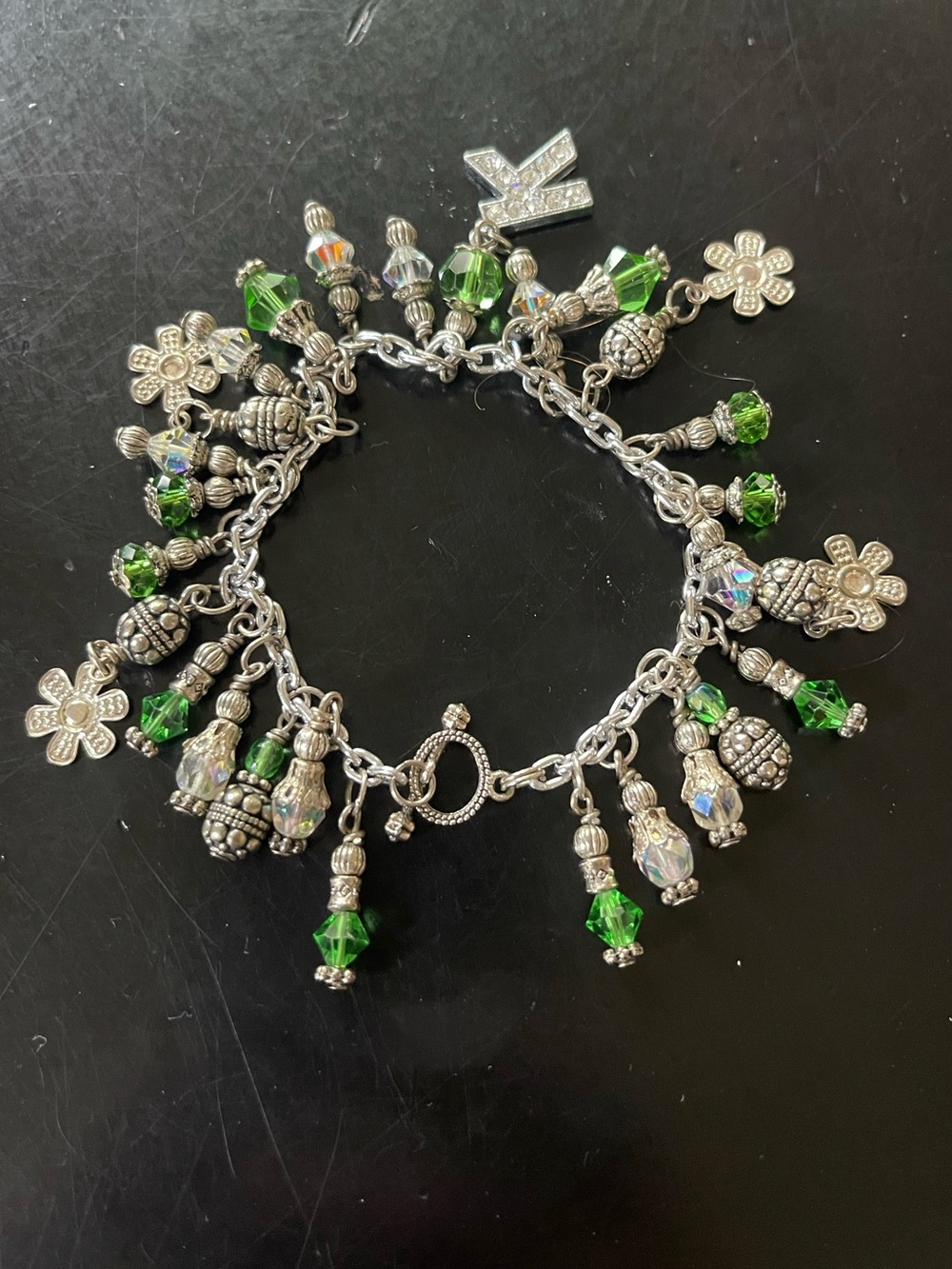 Toggle Initial "K" Green Crystal Flower Charm Bracelet